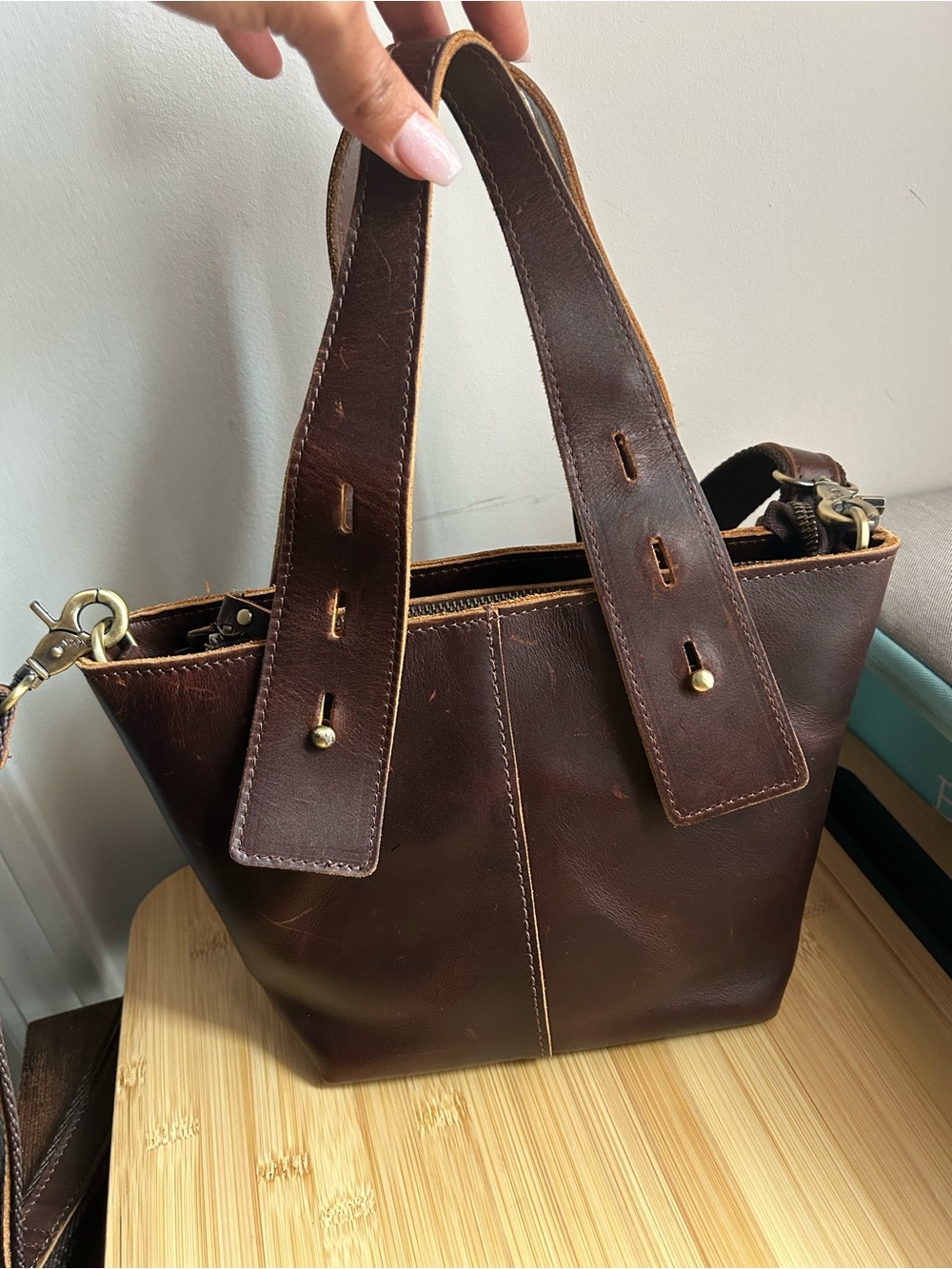 S-Zone Brown Canvas Genuine Leather Handbag/Crossbody w/ bag charm - Picture 2 of 11